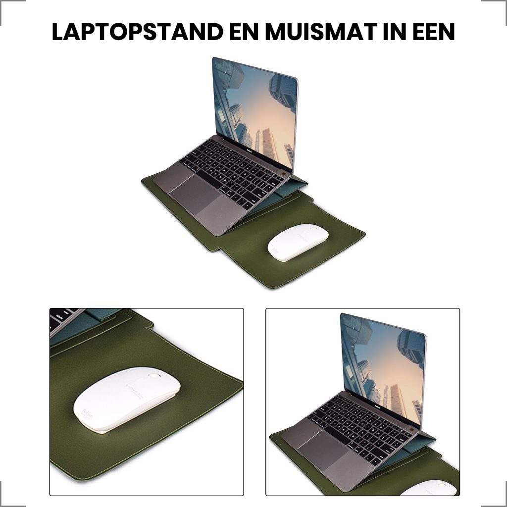 Laptophoes 13.3 Inch - Ergonomische Sleeve met Muismat - Groen Leer - 123laptophoezen.nl