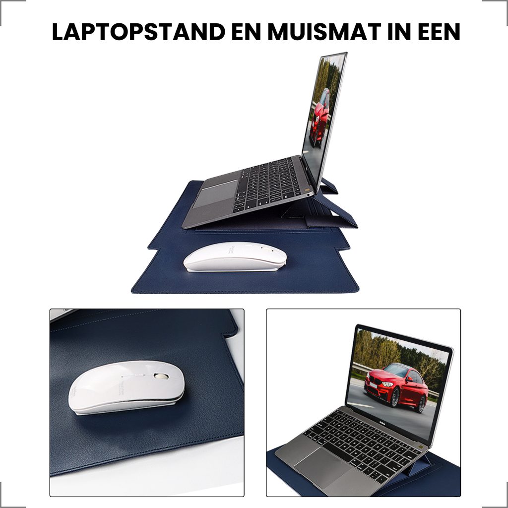 Laptophoes 13.3 Inch - Ergonomische Sleeve met Muismat - Blauw Leer - 123laptophoezen.nl