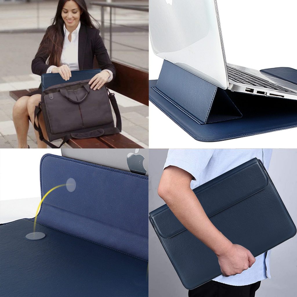 Laptophoes 14 inch - Classic Ergonomische Sleeve - Blauw Leer - 123laptophoezen.nl