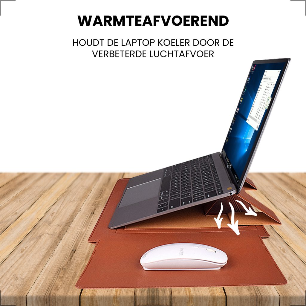 Laptophoes 14 inch - Ergonomische Sleeve met Muismat - Bruin Leer - 123laptophoezen.nl