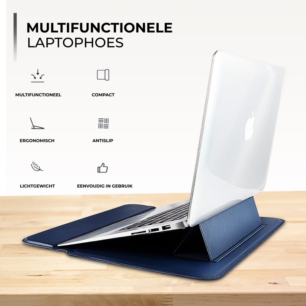 Laptophoes 14 inch - Classic Ergonomische Sleeve - Blauw Leer - 123laptophoezen.nl
