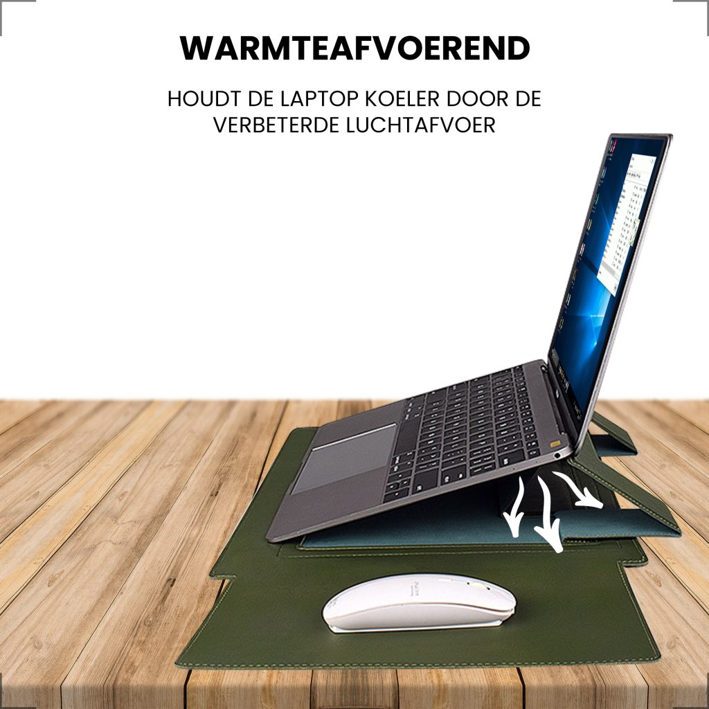 Laptophoes 14 inch - Ergonomische Sleeve met Muismat - Groen Leer - 123laptophoezen.nl