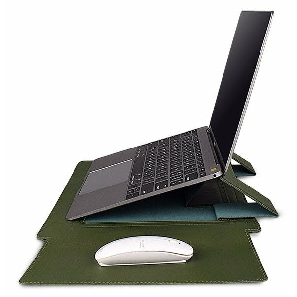 Laptophoes 14 inch - Ergonomische Sleeve met Muismat - Groen Leer - 123laptophoezen.nl