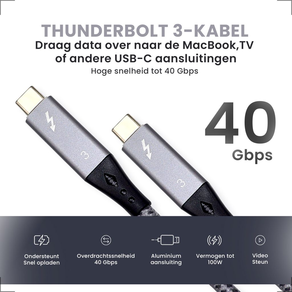 Thunderbolt 3 Kabel 1 Meter - USB-C naar USB-C - 123laptophoezen.nl