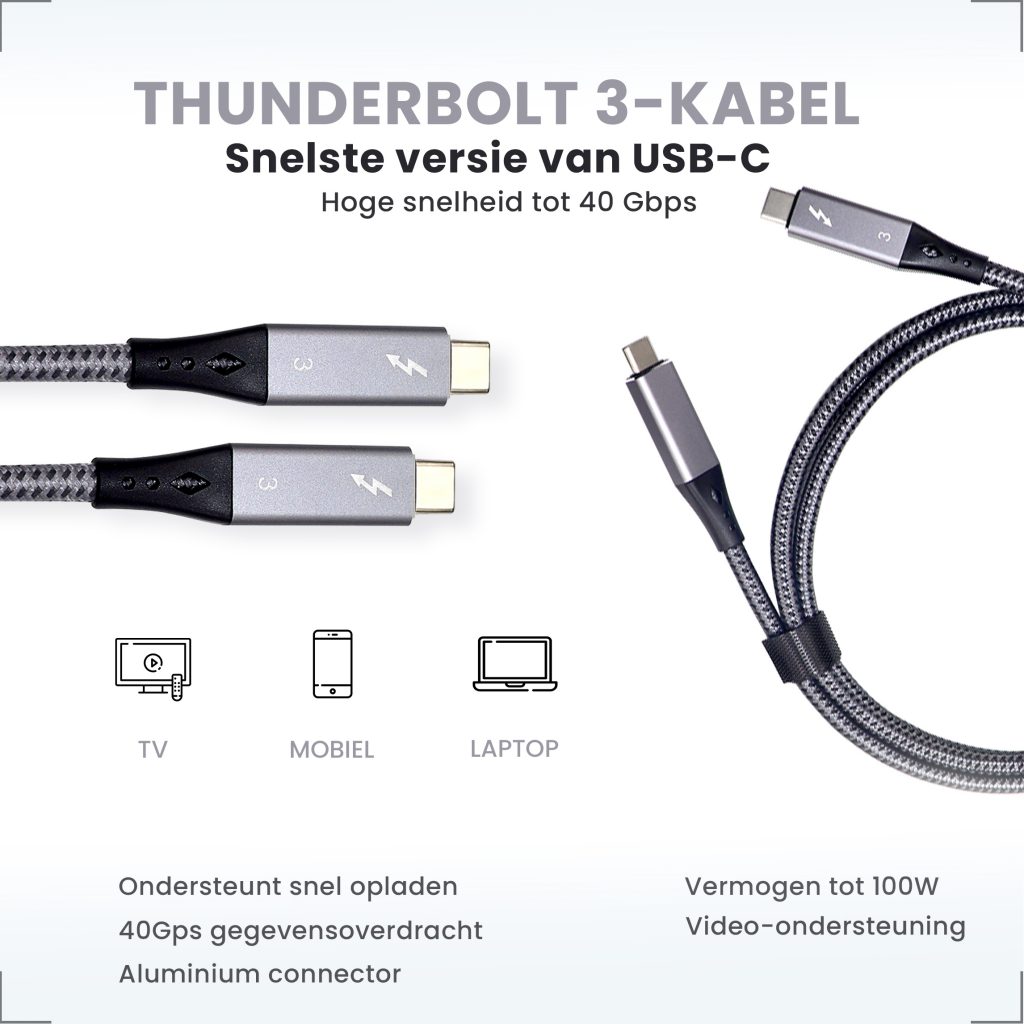 Thunderbolt 3 Kabel 1 Meter - USB-C naar USB-C - 123laptophoezen.nl