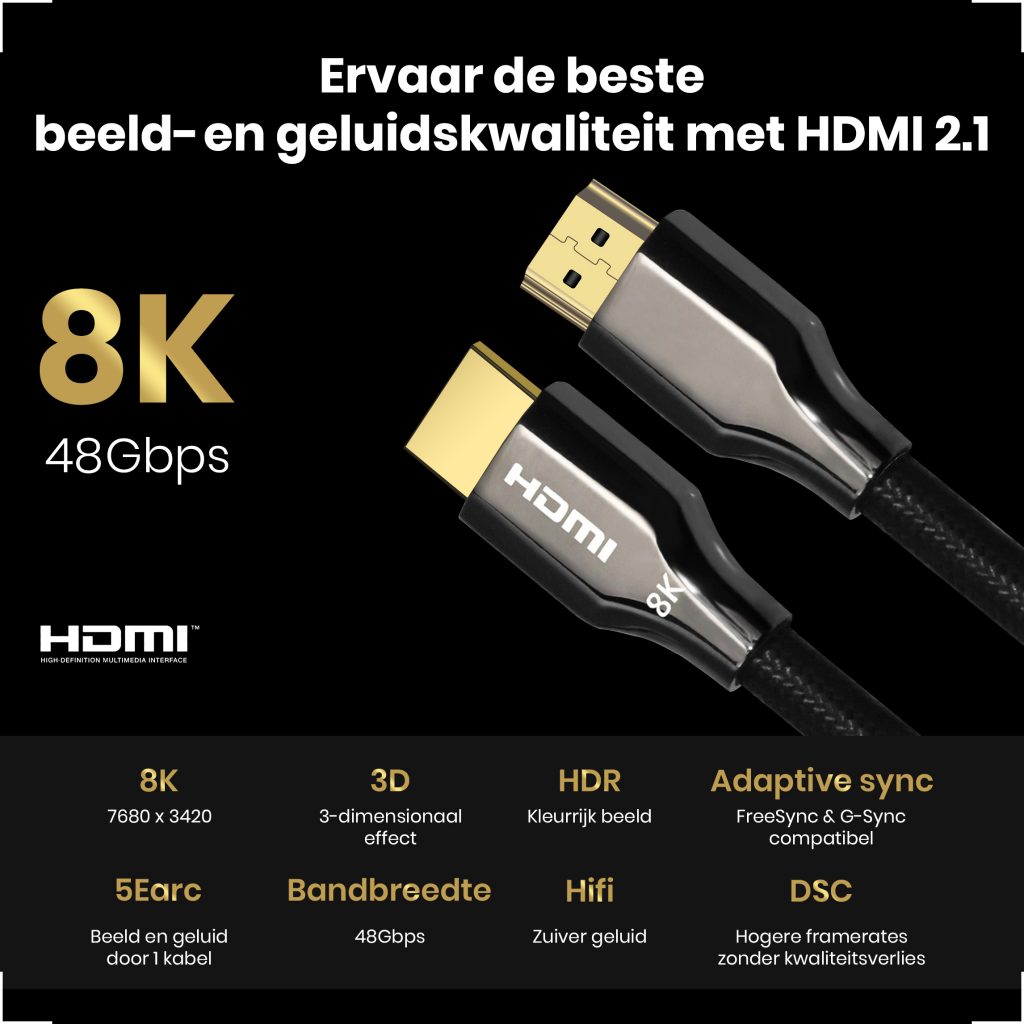 HDMI 2.1 Ultra High Speed Kabel 5 meter – Nylon - 123laptophoezen.nl