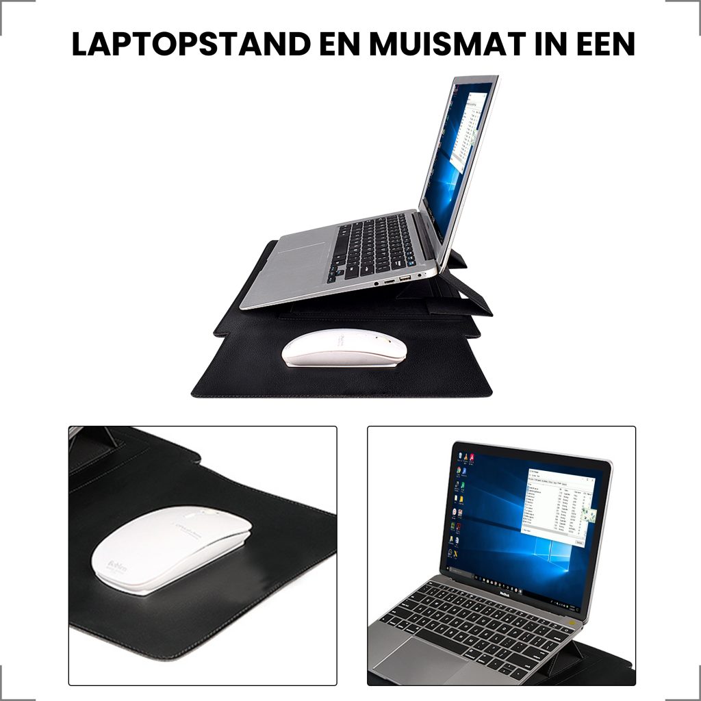 Laptophoes 13.3 Inch - Ergonomische Sleeve met Muismat - Zwart Leer - 123laptophoezen.nl