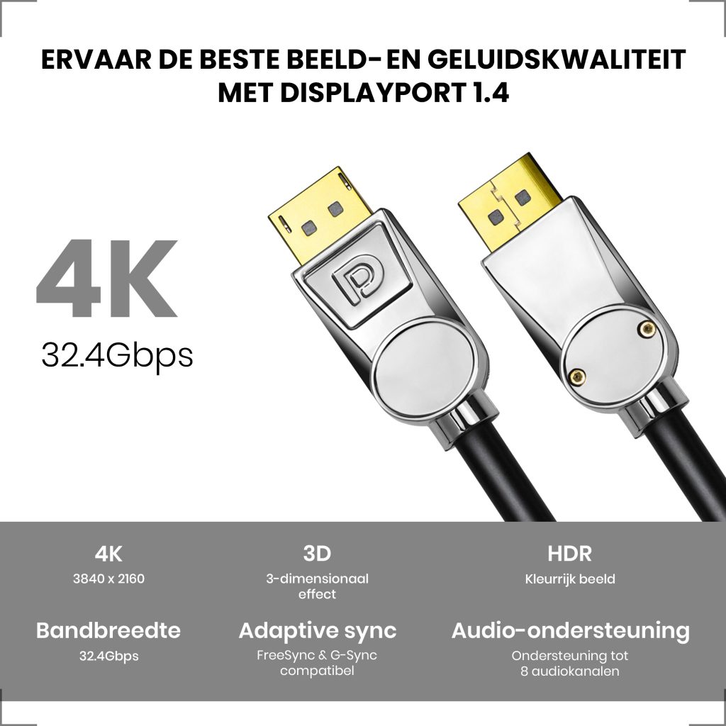 Displayport 1.4 Kabel Zilver 10 Meter – 8K 60Hz – 4K 144 Hz - 123laptophoezen.nl