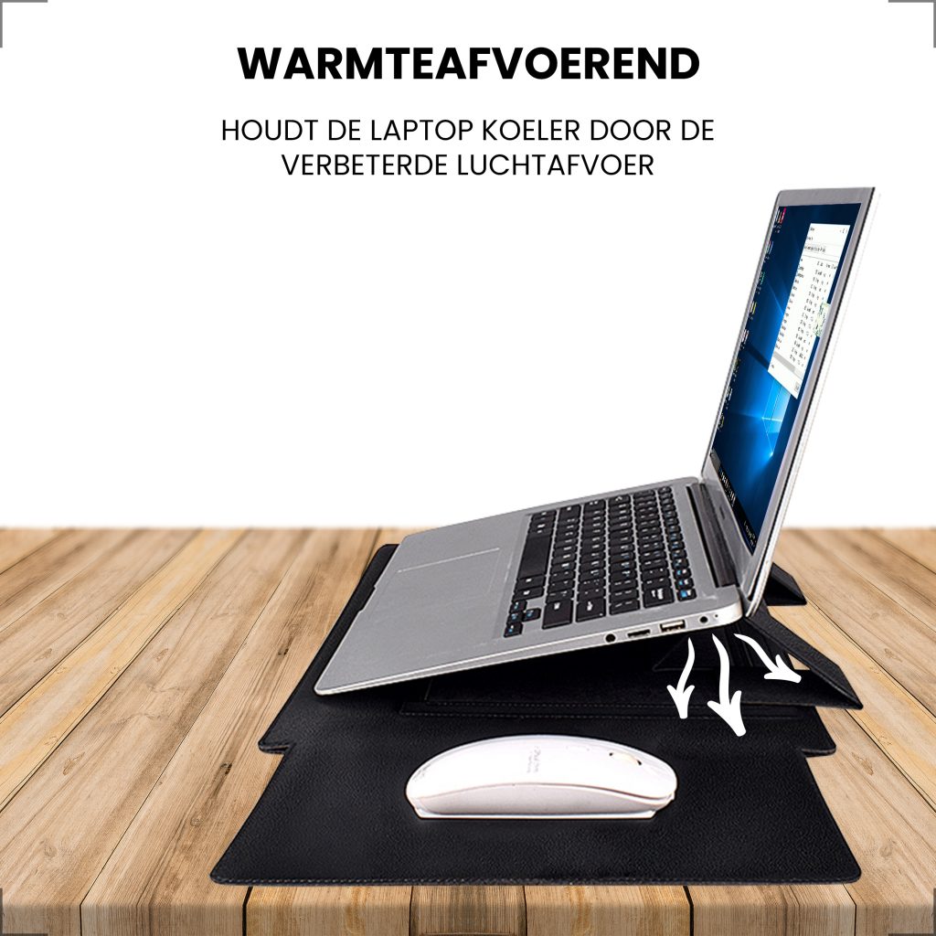 Laptophoes 14 inch - Ergonomische Sleeve met Muismat - Zwart Leer - 123laptophoezen.nl