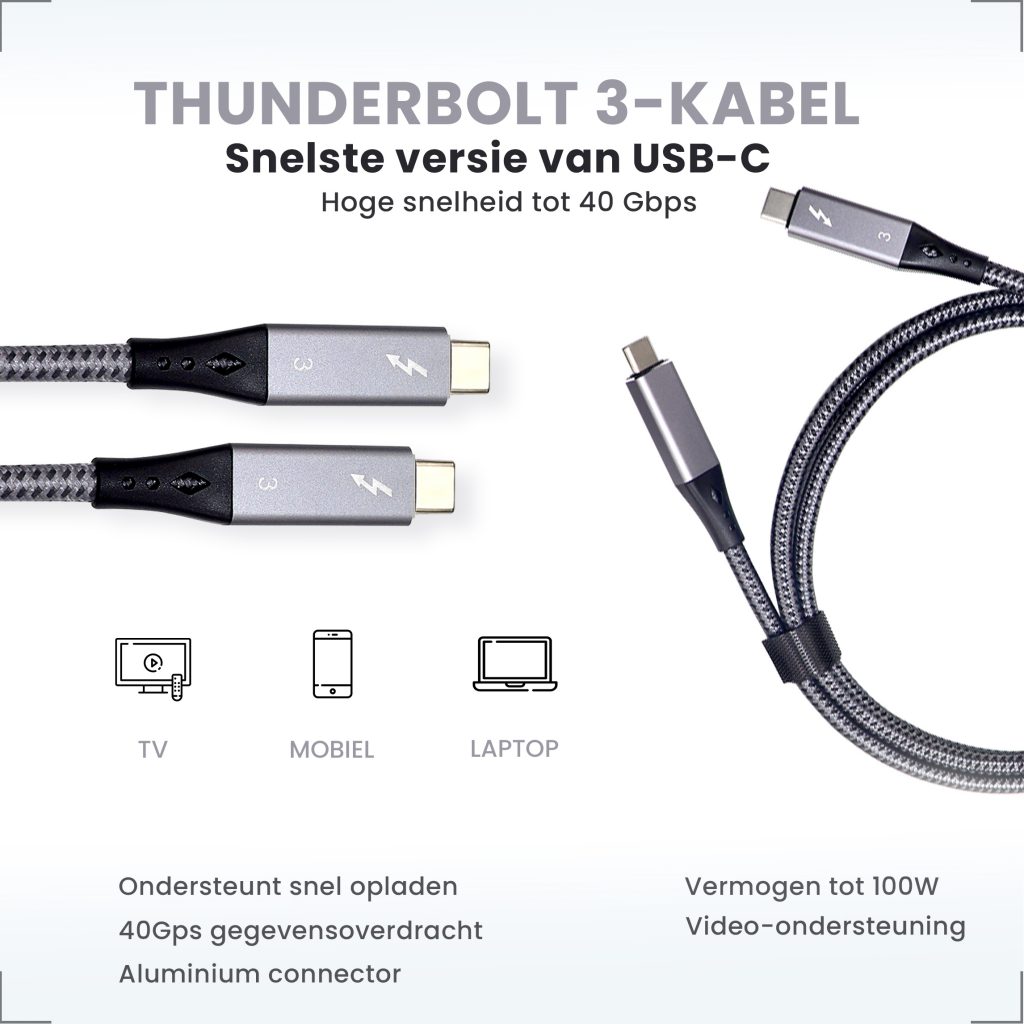Thunderbolt 3 Kabel 1.5 Meter - USB-C naar USB-C - 123laptophoezen.nl